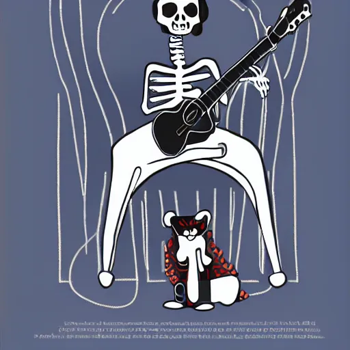 Image similar to skeleton wearing headphones watching girl playing guitar with her black cat standing next to her, digital art