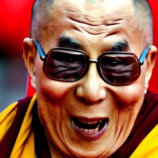 Image similar to furious screaming dalai lama punches the camera