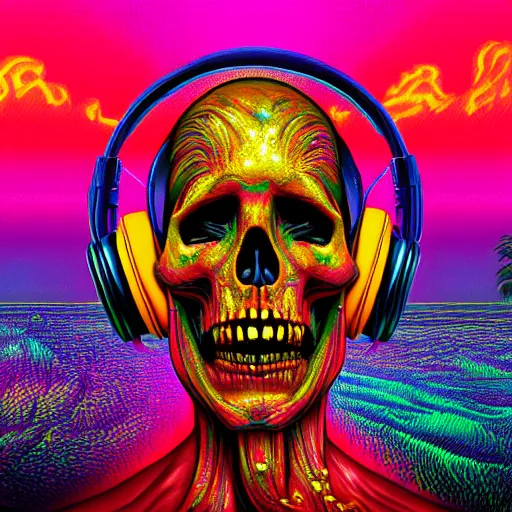 Image similar to melted human skull with headphones, retrowave, synthwave, psychedelic background with sacred geomerty elements in style of alex gray, digital art, artstation