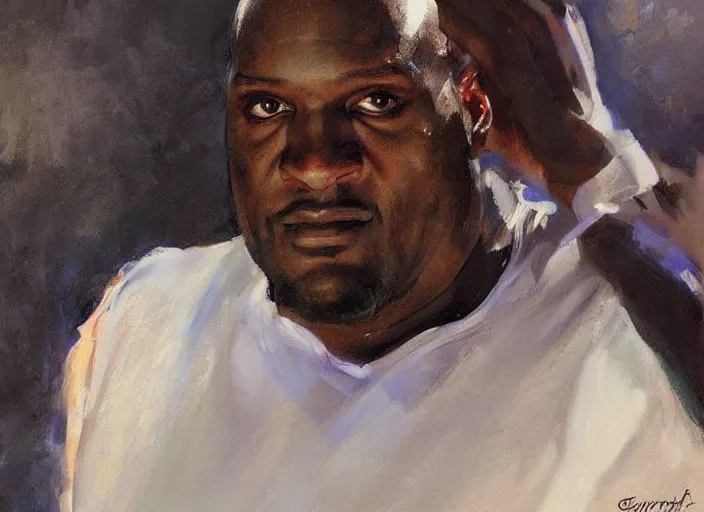 Image similar to a highly detailed beautiful portrait of shaq wearing a maid costume, by gregory manchess, james gurney, james jean