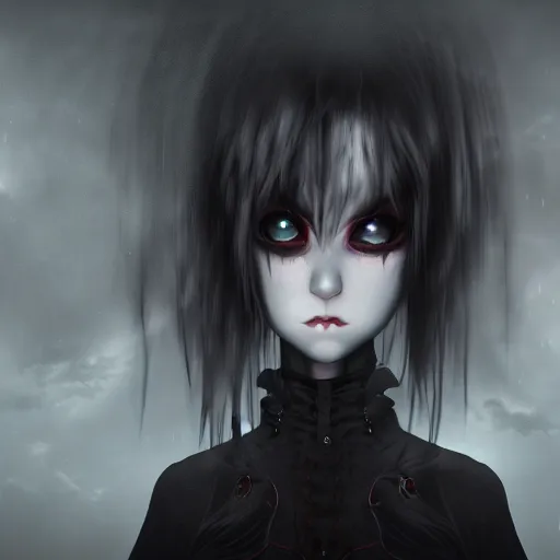 Prompt: full shot portrait of angry darkness anime girl, gothic wearing, worrying eyes, inspired by Tim Burton, detailed, unreal engine 4k volumetric light, dense fog,