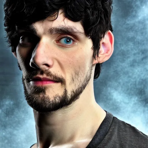 Image similar to Colin Morgan as Cyberpunk Merlin