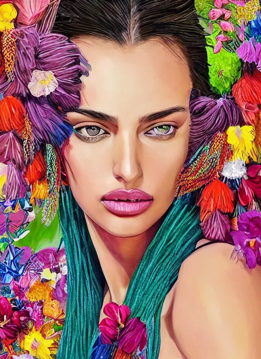 Prompt: beautiful portrait of Irina Shayk wearing fantastic Hand-dyed cotton dress,embellished beaded feather decorative fringe knots ,colorful pigtail,subtropical flowers and plants,dramatic lighting,symmetrical face,intricate,elegant,highly detailed,8k,post-processing,digital painting,trending on pinterest, GUCCI,PRADA,concept art, sharp focus, illustration, by artgerm,Tom Bagshaw,Lawrence Alma-Tadema,greg rutkowski,alphonse Mucha