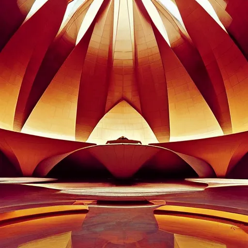 Image similar to interior of a futuristic lotus temple with gold, red and white marble panels, in the desert, by buckminster fuller and syd mead, intricate contemporary architecture, photo journalism, photography, cinematic, national geographic photoshoot