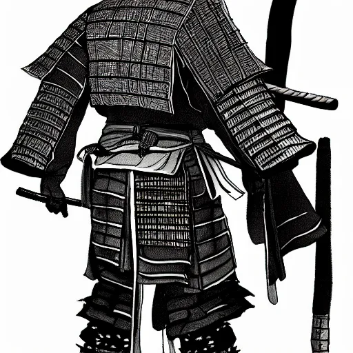 Prompt: A FULL BODY PORTRAIT FROM BEHIND OF A SAMURAI WITH 2 KATANAS , concept art,HIGHLY DETAILED ink style , sketch