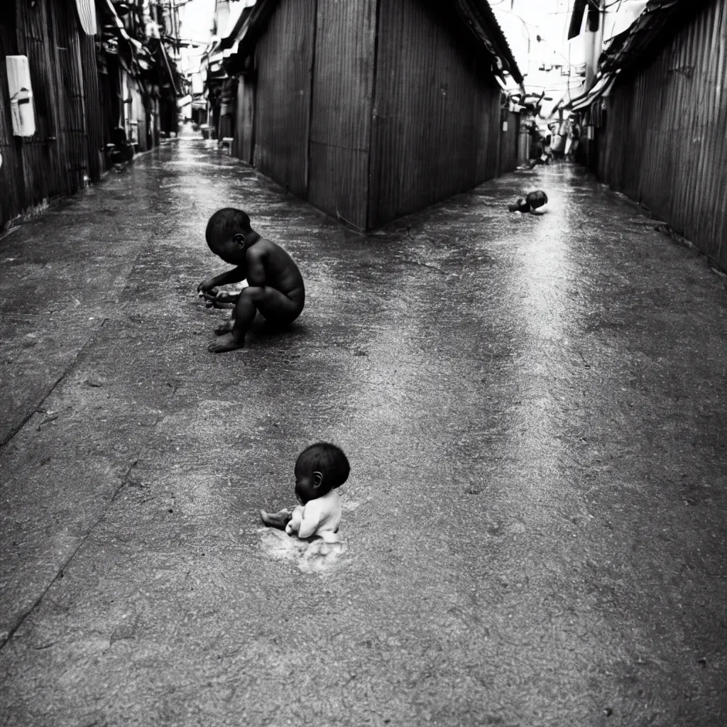 Prompt: photograph of a black baby crying in on the floor of a japanese rainy alleyway