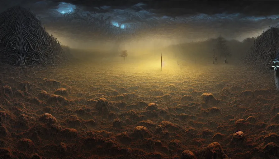 Prompt: death field, rotting, fine details, blood, digital art, volumetric lighting, cinematic light, photorealistic, by dan mumford and zdzisław beksinski, by giger, by caravaggio, 4 k,