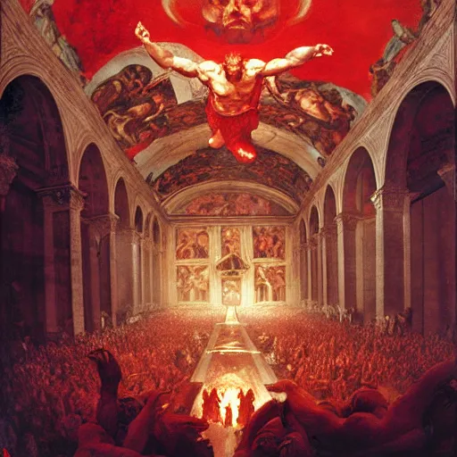 Prompt: the sistine chapel's ceiling is broken in half as a red magical portal from hell opens up, lucifer morningstar emerges along with a few demons, the priests and the pope look at the scene with terror in their eyes. highly detailed painting by gaston bussiere, greg rutkowski, craig mullins 8 k