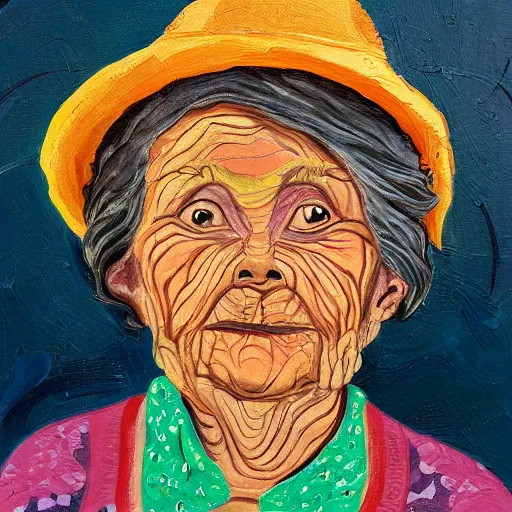 Image similar to painting of a wrinkled old woman, appalachian folk art