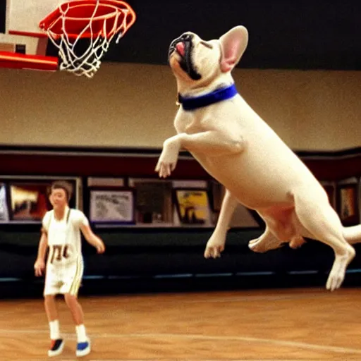 Image similar to a scene from airbud the movie, a white and brown french bulldog slam dunks a basketball