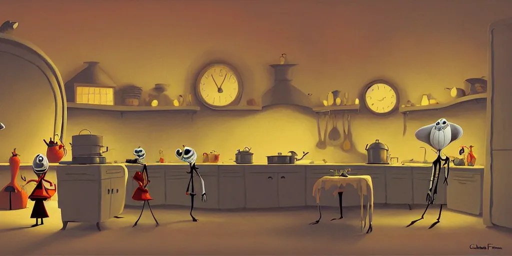 Prompt: curved perspective digital art of a dim lit kitchen from Nightmare Before Christmas by charles addams by goro fujita