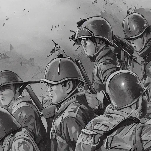 Image similar to painting of ww2 Japanese inantry! , desaturated, old school, detailed background, cell shaded, illustration, Trending on artstation