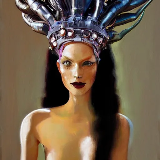 Image similar to a hyper realistic painting of an alien princess, metal headdress, by michael carson, highly detailed, vivid color,