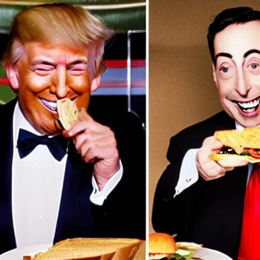 Image similar to Peewee Herman and Donald Trump eating a sandwich, smiling huge