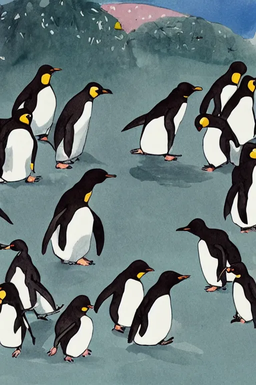 Image similar to penguins dancing in chuncheon by quentin blake