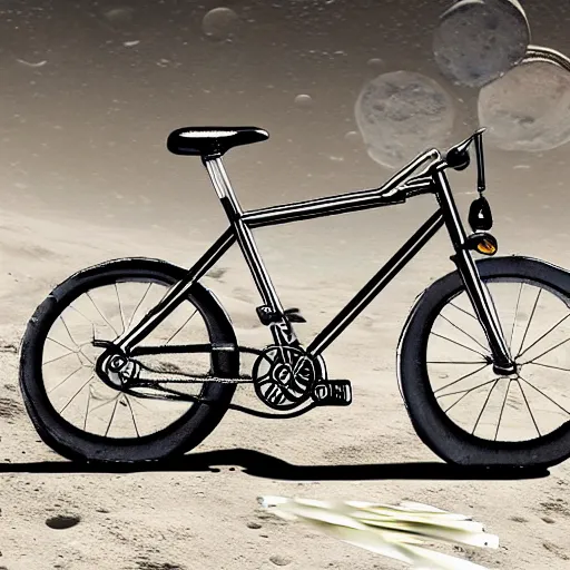 Prompt: a stainless steel bike, with swiss cheese wheels, there is a rat cycling on the surface of the moon and, photorealistic