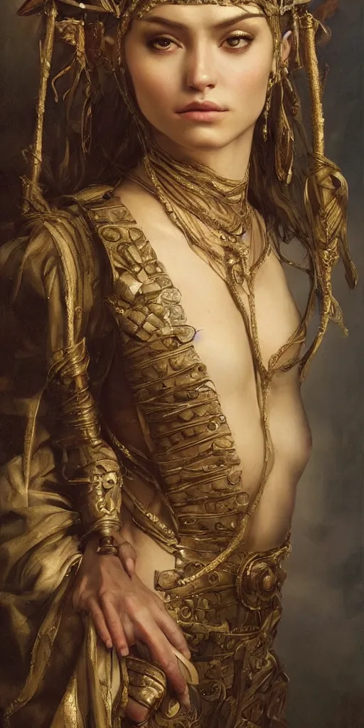 Image similar to the portrait of madison beer as amazon in intricate dress by roberto ferri, fantasy, witcher, very detailed oil painting, masterpiece, 8 k