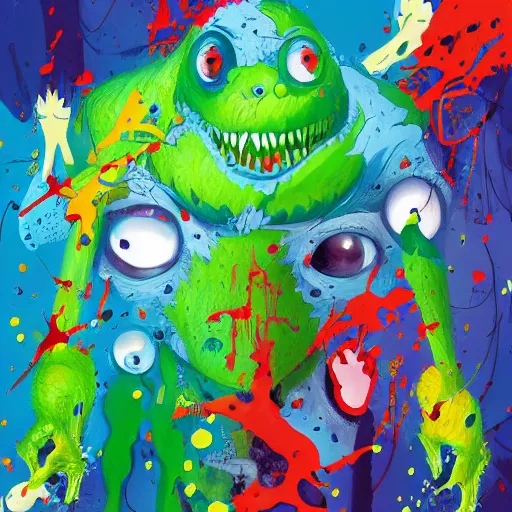Image similar to colorful illustration of monster, splatters, by zac retz and junji ito