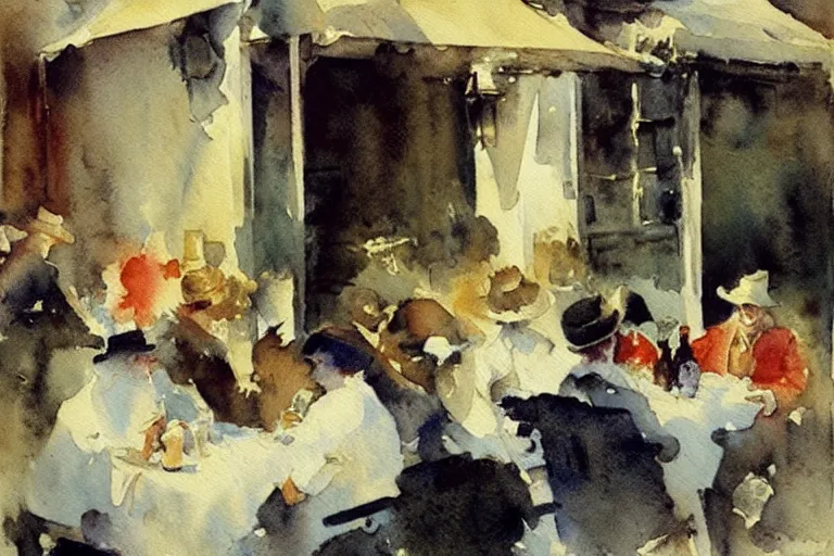 Prompt: abstract watercolor painting of first summer day, portuguese cafe, cinematic light, national romanticism by anders zorn