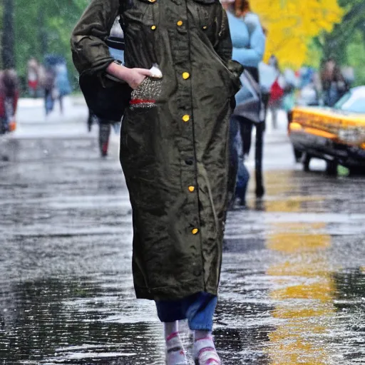 Prompt: katy perry wearing a 1 9 7 0's clothing, walking in central park, raining, photo, realistic, high detail,