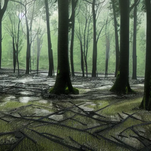 Prompt: forest flooded with black sludge, solitary tree on large hill kept safe. ultra realistic