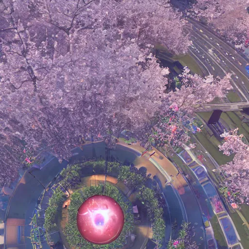 Image similar to A beautiful post-apocalyptic city with an enormous cherry tree blossoming in the middle, aerial view, biopunk, realistic, digital art, lens flare, sharp focus,