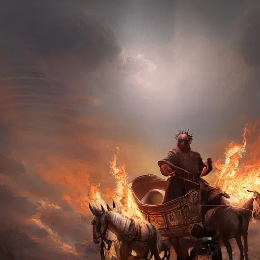 Prompt: Beautiful hyperrealistic detailed matte painting of a 60 year old man in Biblical outfit riding the carriage of an ancient chariot made of fire pulled by firey horses. nightime.