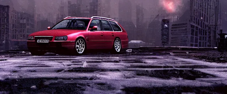 Image similar to Audi A4 B6 Avant (2002), a gritty neo-noir, dramatic lighting, cinematic, eerie person, death, homicide, homicide in the snow, viscera splattered, gunshots, establishing shot, extremely high detail, photorealistic, arson, burning city, cinematic lighting, artstation, by simon stalenhag, Max Payne (PC) (2001) winter New York at night, In the style of Max Payne 1 graphic novel, flashing lights, Poets of the Fall - Late Goodbye