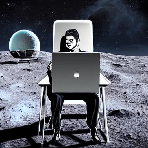 Image similar to 3 d, ultra realism, pencil art, extra detail, back of a man sitting on his chair with a desk and his futuristic laptop, on the moon, with the universe in the background