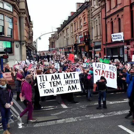 Prompt: a street protest in Belfast with someone holding a sign saying 'Stlalm anit'