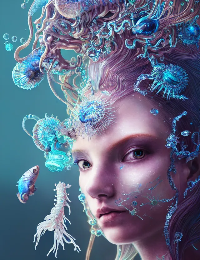 Image similar to goddess macro close - up portrait in crown made of ram skull. betta fish, jellyfish phoenix, bioluminiscent, plasma, ice, water, wind, creature, super intricate ornaments artwork by tooth wu and wlop and beeple and greg rutkowski