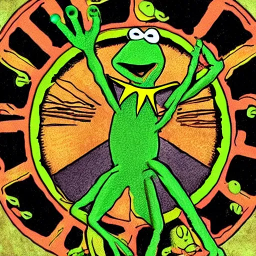 Image similar to Kermit the Frog in the deepest circle of Hell, in the style of the Divine Comedy by Dante Alighieri