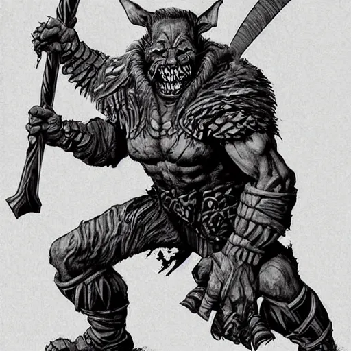 Image similar to full face and body D&D character art illustration of a hobgoblin fighter, by Wayne Reynolds.