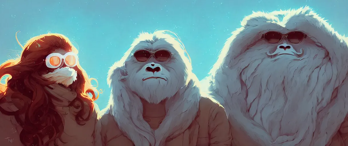 Image similar to beautiful artistic - wave highly detailed portrait of yeti and bigfoot, with kitsune mask, long red hair, by atey ghailan, by greg rutkowski, by greg tocchini, by james gilleard, by joe fenton, by kaethe butcher, dynamic lighting, gradient light blue, brown, blonde cream and white color scheme, grunge aesthetic