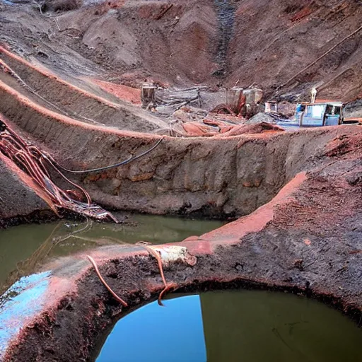 Image similar to underground copper mine, flooded, dirty water, rusty pipes