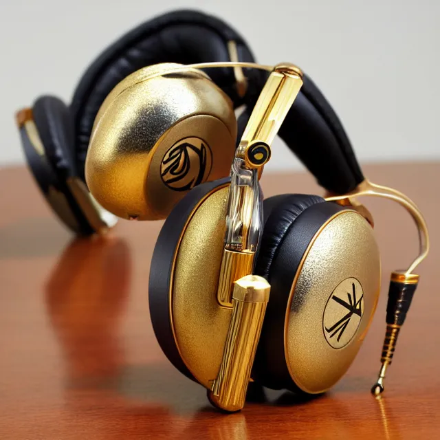 Image similar to masterpiece photo of beautiful hand crafted artistic gold metal headphones, bismuth rainbow metal, bismuth cups, plush leather pads, displayed on mahogany desk, modernist headphones, bismuth beautiful well designed, hyperrealistic, audiophile, intricate hyper detail, extreme high quality, photographic, audeze, sennheiser, bang olufsen, abyssal