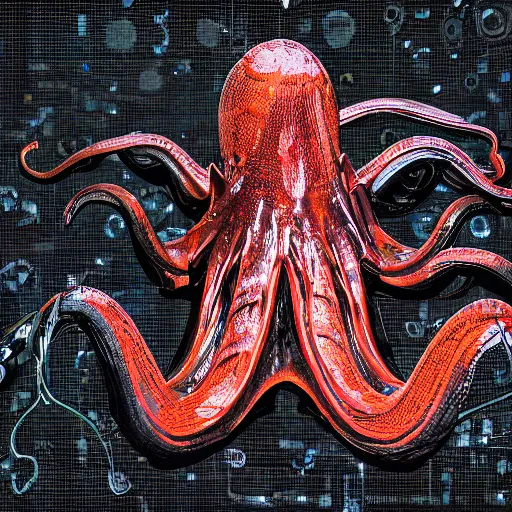 Image similar to macro photo of sci-fi cybernetic octopus holding paintbrushes, photography, filmic, cinematic, dramatic, depressed, photoshoot, 35mm, wide angle, short exposure, double-exposure, f/22, 22 megapixels, shot on 35mm, DSLR, 32k, hyper-realistic, highly detailed, ray traced, RTX, anti-aliasing, FXAA, sharpen, SFX, SSAO, de-noise, cinematic lighting, beautiful lighting, studio lighting, ultra realistic, max quality, epic 35 mm lens shot, photorealism, ray tracing global illumination, sharp focus, shadows, shaders, establishing shot