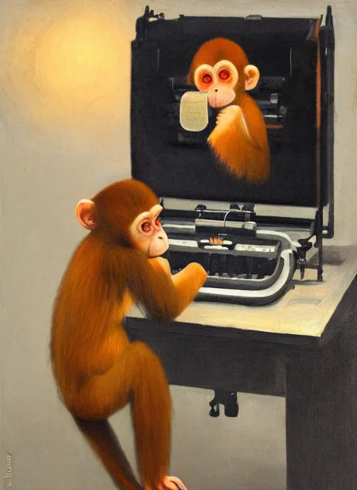 Prompt: medium shot, cinematic, cute realistic orange monkey is typing on the remingtone typewriter, enhancements, soft lighting, by john ward, by arthur walker, by vermeer, by monet, oil on canvas, royal academy, masterpiece, trending on artstation, cinematic composition, dramatic pose, beautiful lighting, sharp, details, hyper - detailed, hd