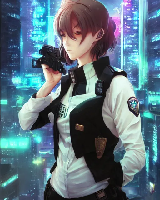 Image similar to anime key visual of a young female police officer, neon, cyberpunk, futuristic, white clothing, black vest, stunning, highly detailed, digital painting, artstation, smooth, soft focus, illustration, art by artgerm and greg rutkowski and alphonse mucha