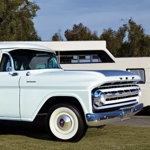 Image similar to 1960 White Ford Pickup body, 2015 Chevy Tahoe hybrid SUV, Retro Aesthetic with Modern Features, Advanced Automobile, Premium SUV hatchback that is also an old Truck, Limousine, Photo