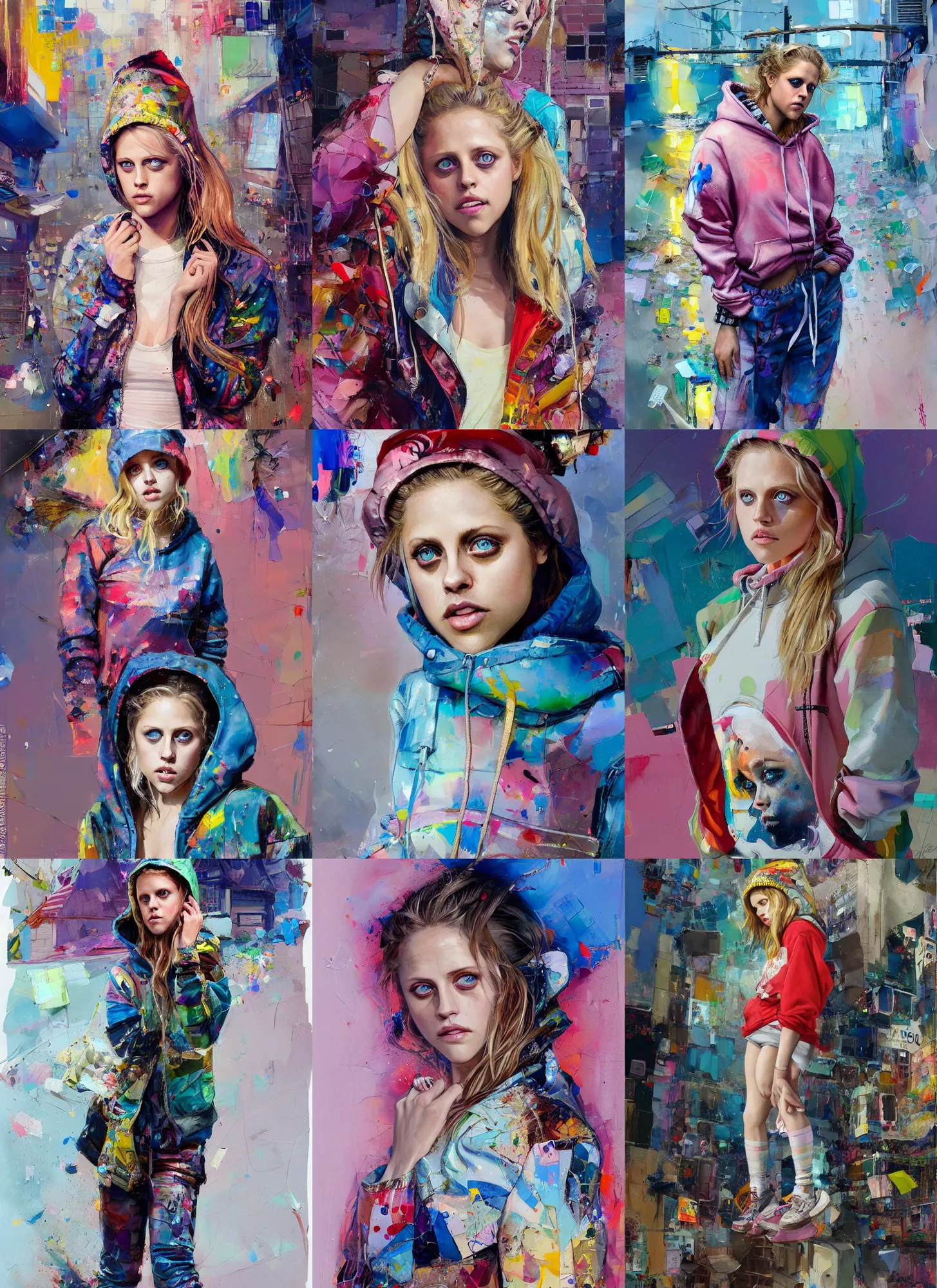 Prompt: teresa palmer in the style of martine johanna and donato giancola, wearing a hoodie, standing in a township street, street fashion outfit,!! haute couture!!, full figure painting by john berkey, david choe, ismail inceoglu, pastel color palette, detailed impasto, 2 4 mm lens