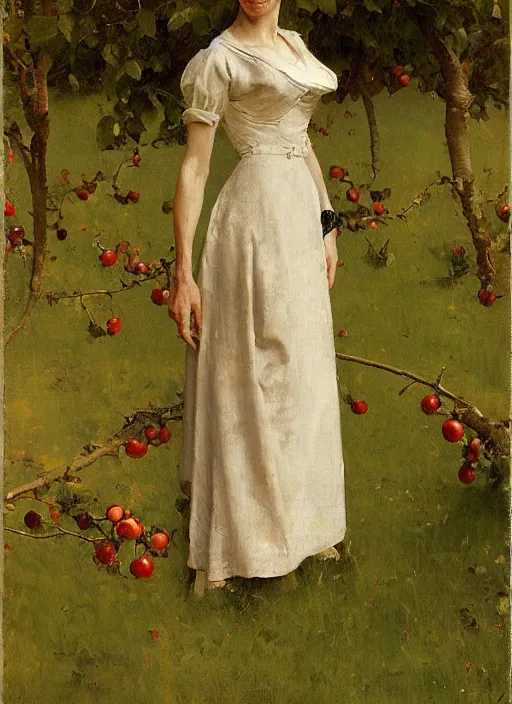 Image similar to illustration full body portrait of elegant slim mature woman standing in orchard, by norman rockwell, roberto ferri, daniel gerhartz, tom lovell, dean cornwell