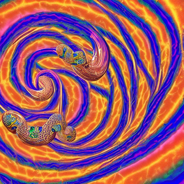 Prompt: serpentine ouroboros devouring itself onto infinity fractal dimensions symmetrical, chromatic aberration polychromatic color scheme