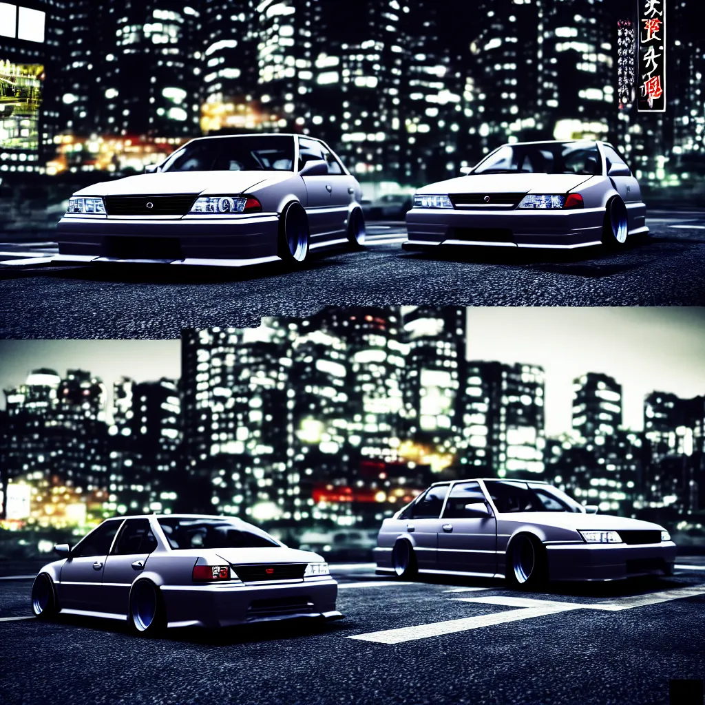 Prompt: zoom on car JZX100 twin turbo drift parked, Tokyo prefecture, Japanese architecture, city sunset mist lights, cinematic lighting, photorealistic, detailed alloy wheels, highly detailed, photoshoot