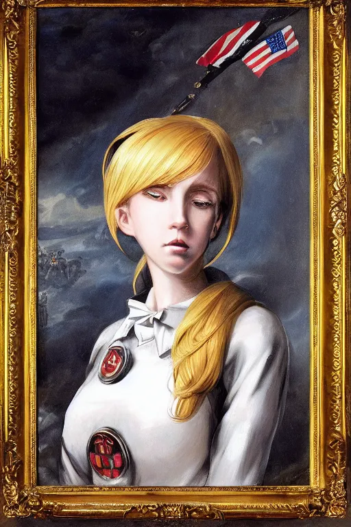 Prompt: baroque oil painting of key visual concept art, portrait of stern anime girl blonde hair blue eyes wearing formal military dress uniform saluting at a full honors military funeral, somber, rule of thirds golden ratio, fake detail, trending pixiv fanbox