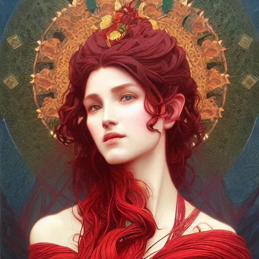 Prompt: portrait of red goddess, intricate, elegant, highly detailed, digital painting, artstation, concept art, smooth, sharp focus, illustration, art by artgerm and greg rutkowski and alphonse mucha and william - adolphe bouguereau