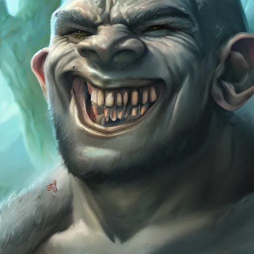 Image similar to a detailed portrait of a cute orc boy smiling, fantasy art illustration, incredibly highly detailed and realistic, 8 k, sharp focus