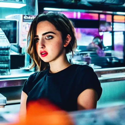 Image similar to ana de armas portrait working in a fast food restaurant, in a cinematic cyberpunk style, 3 5 mm