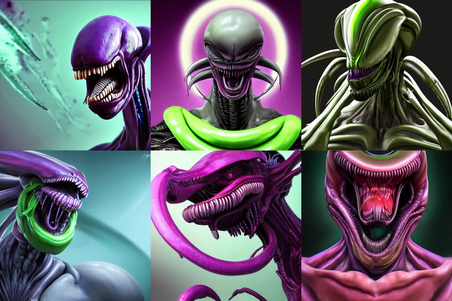 Prompt: Mid shot portrait a xenomorph alien, Manga, Anime, hyper realistic render, hyper detailed, octane render, green, purple, dark