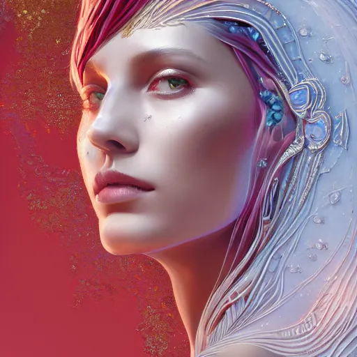 Image similar to abstract highly detailed female drawing made of white marble and red crystals quartz and minerals, ethereal lights, fine details, artstation, digital paint, fantasy, artstation, design, illustration, 8 k, intricate golden filigree, octane render, hypperrealistic painting, abstract liquid, concept art, painting by james gilleard and minna sundberg